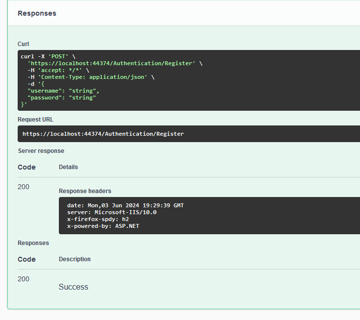 A successful request to the RegisterUser endpoint as seen from Swagger