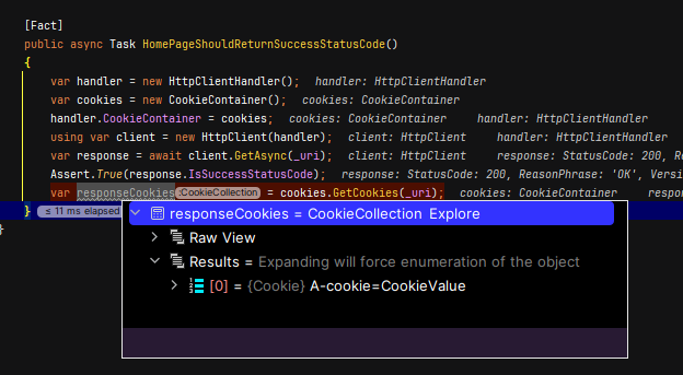 A debugging view showing the cookie container