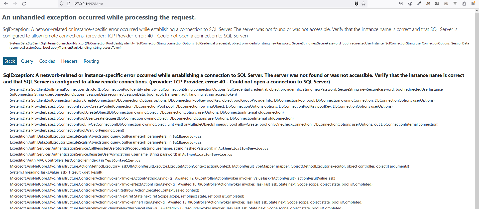 A view of a database connection issue in MVC