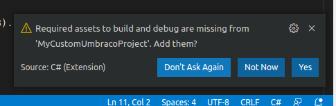 Installing C# debug assets in vs code.