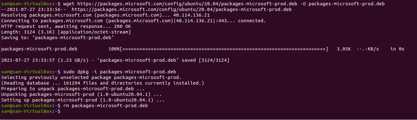 Running the Microsoft package signing key commands in the terminal.