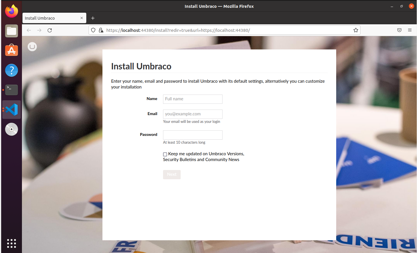 The Umbraco install screen